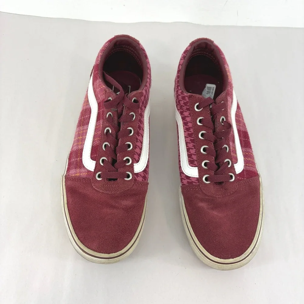 Vans Old Skool Burgundy Houndstooth Plaid Suede Low Top Sneakers Womens 9.5